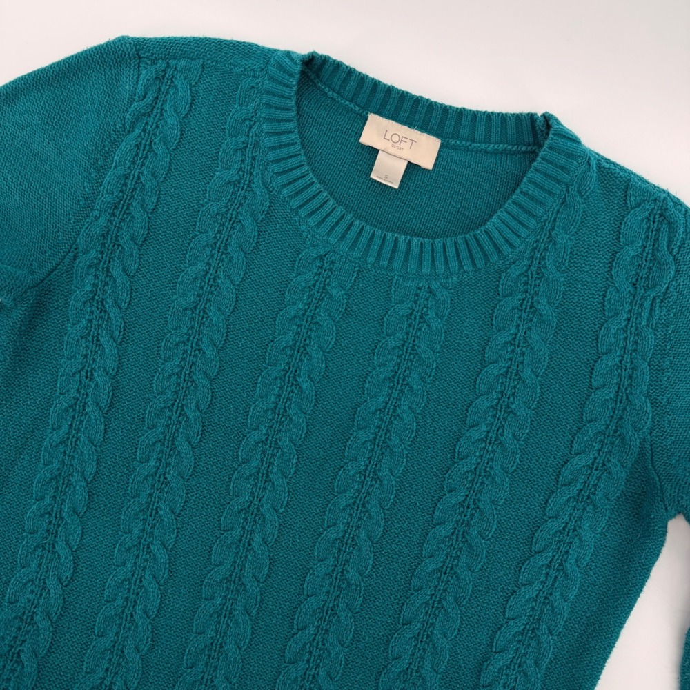 LOFT Outlet Teal Green Cable Knit Crew Neck Sweater Women's Small‎ Cotton Blend